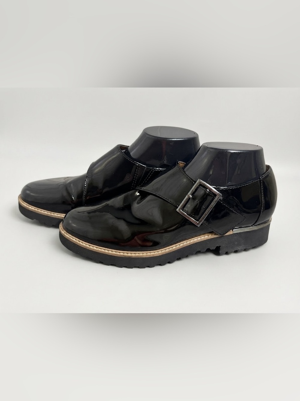 Franco Sarto Black Patent Leather Monk Strap Lug Sole Shoes Size 8.5M